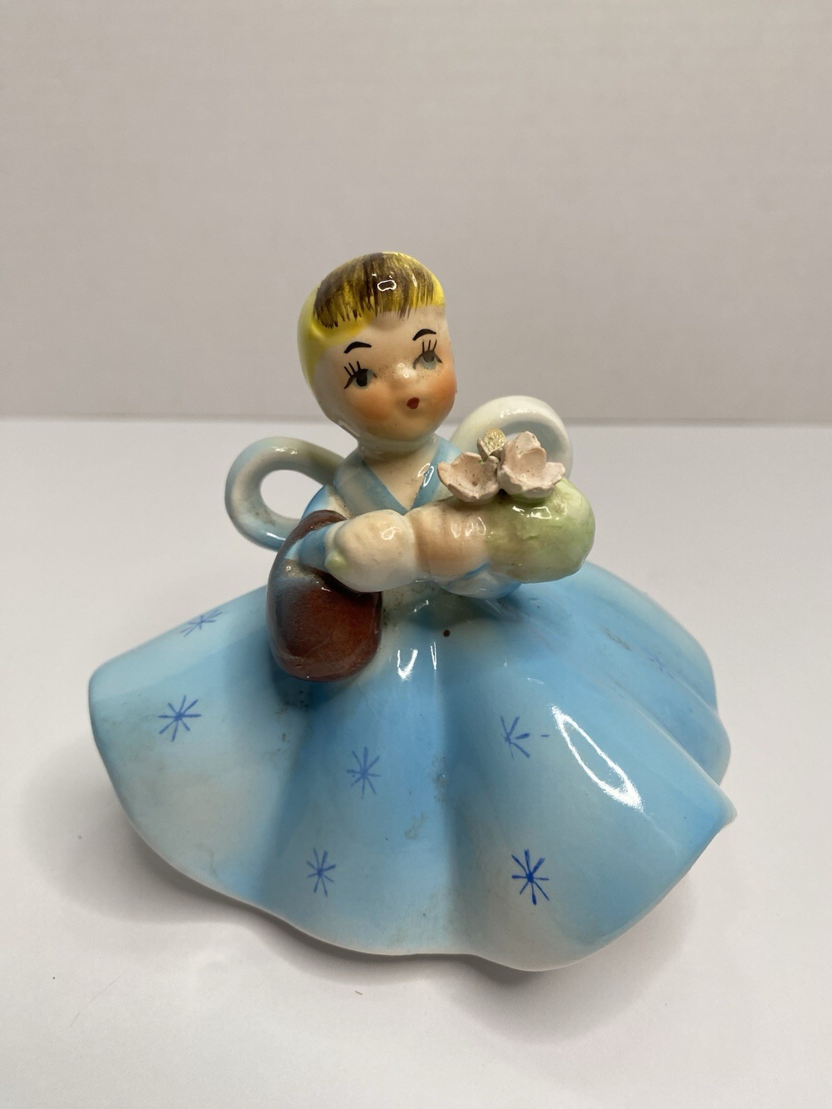 Vintage 1960s Ceramic Girl w/Blue Dress with Big Bow Tie Japan