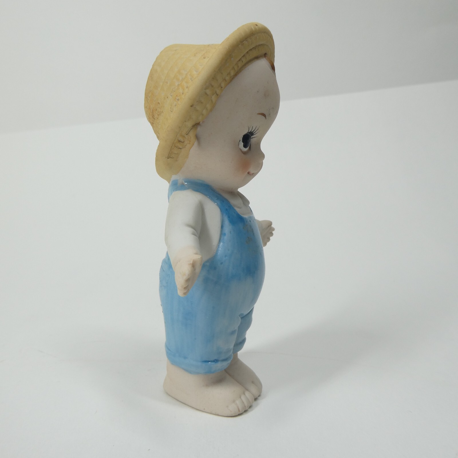 Bisque Kewpie Doll Porcelain Figurine Vintage Farmer Overalls Hat 4.5″ Tall