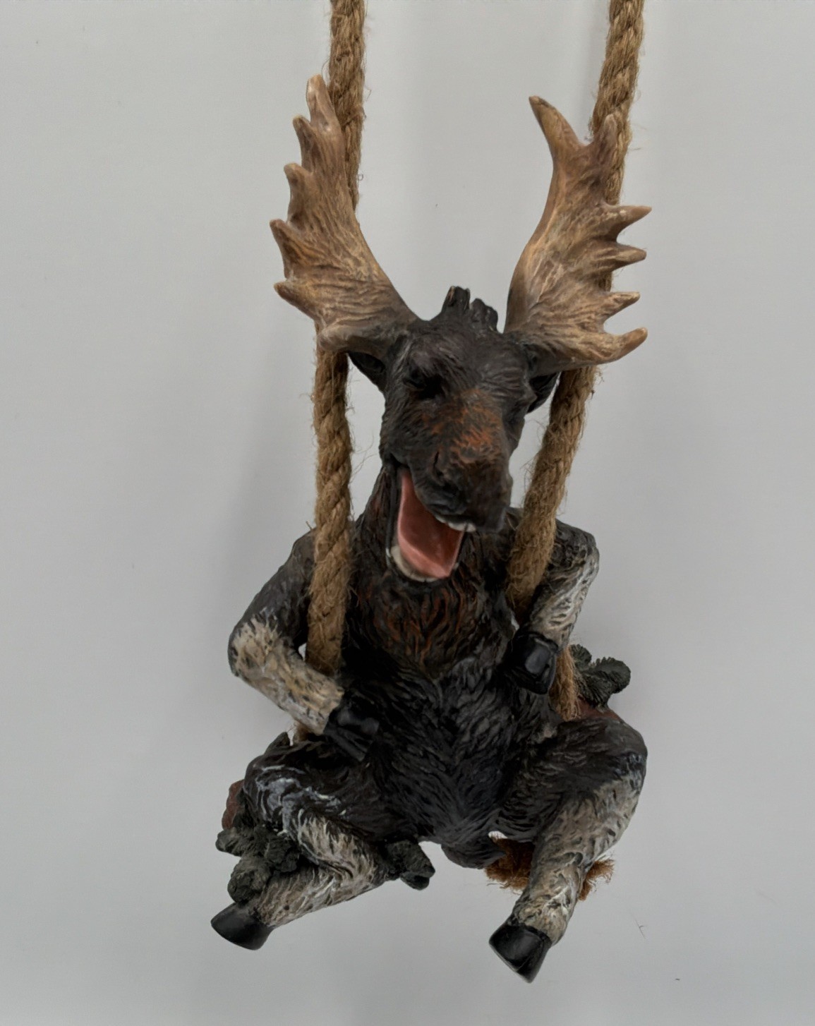 Under the Sun 2002 Moose on Rope Swing Hanging Resin Figurine Rustic Cabin Decor
