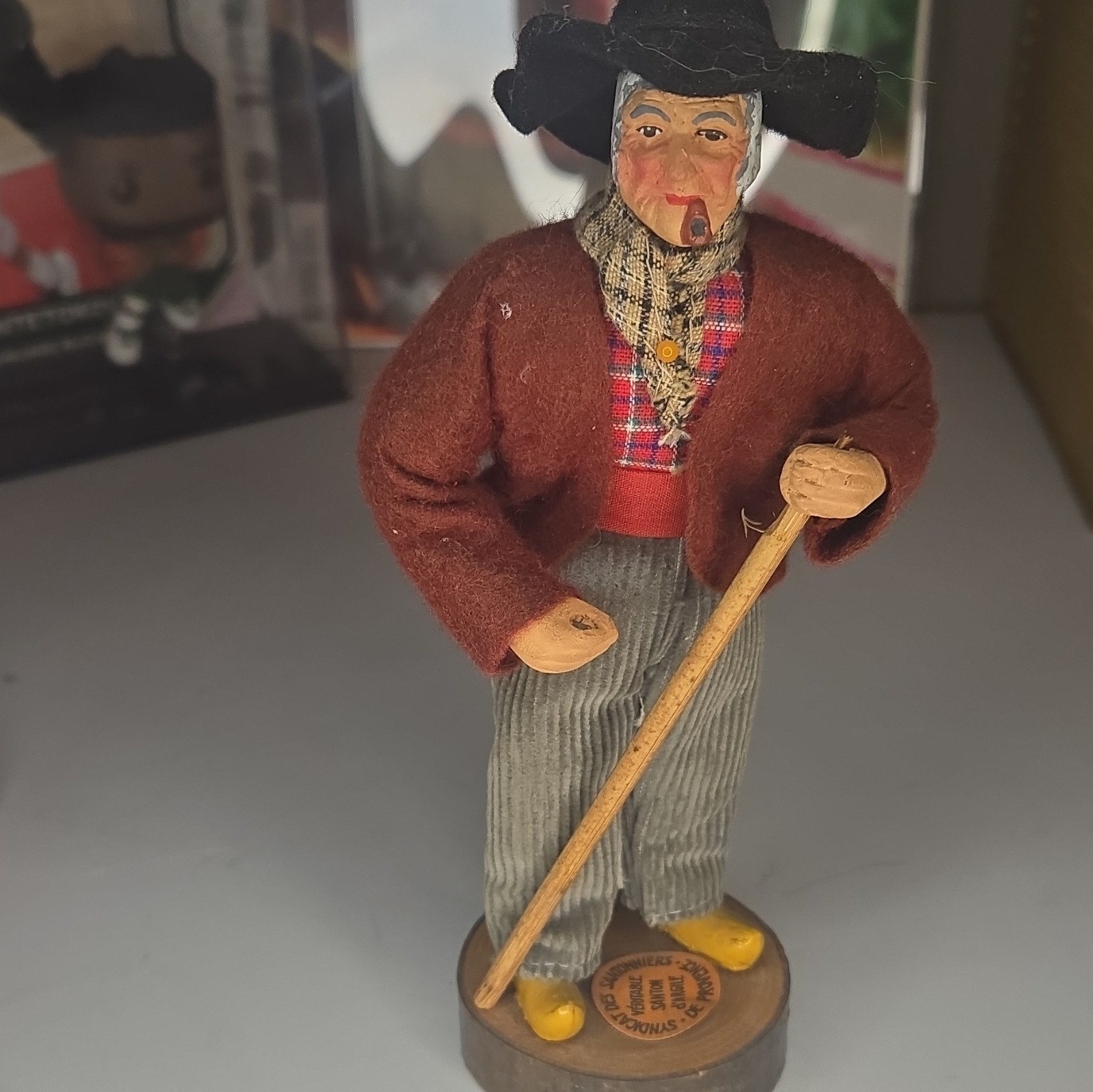 French Folk Art Man Figurine Plaid Fabric Wood Brown Multicolor Wooden Base