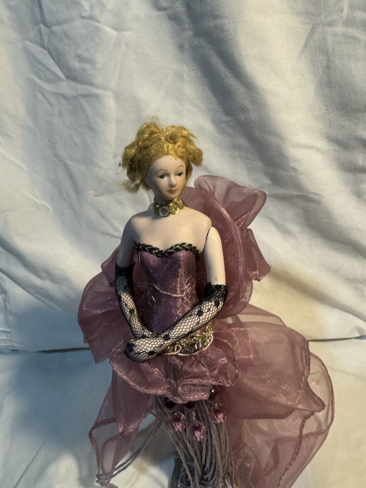 Purple Gold Woman Figurine Beaded Skirt Fabric Metal Plastic 12 Inch