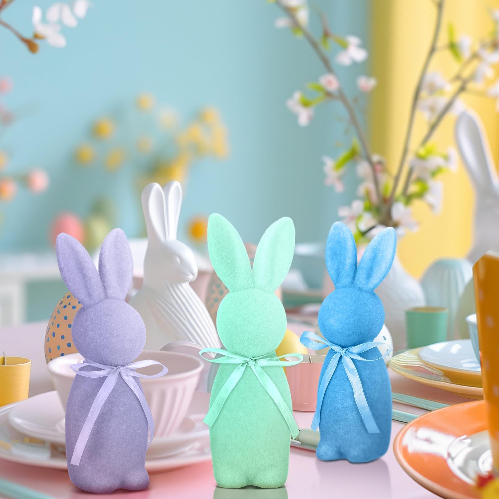 6 PCS 8.8 Inch Flocked Easter Bunny Figurines Flocking Rabbit Pastel Desk