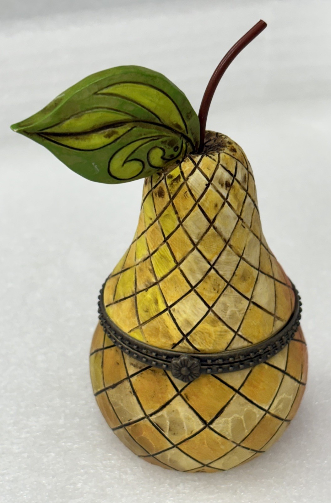 Jim Shore Designs 2006 Heartwood Creek Quilted 4″ Hinged Golden Pear Trinket Box