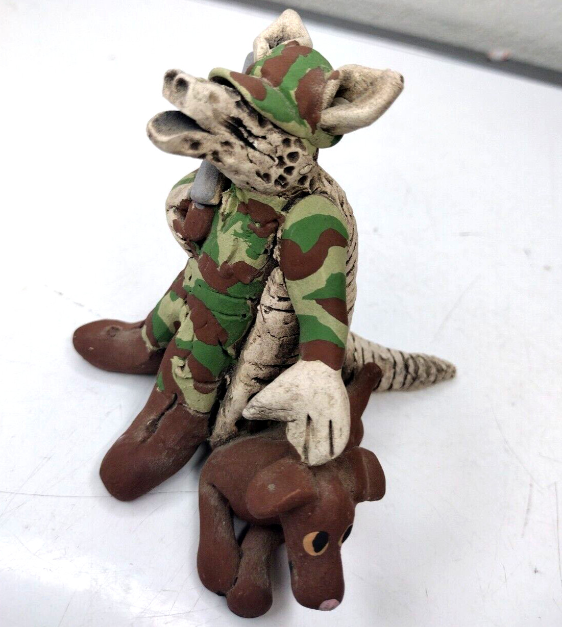 Texas Armadillo Clay Pottery Quirky Couple w Dog Handmade 4″ Hunter & Ballerina