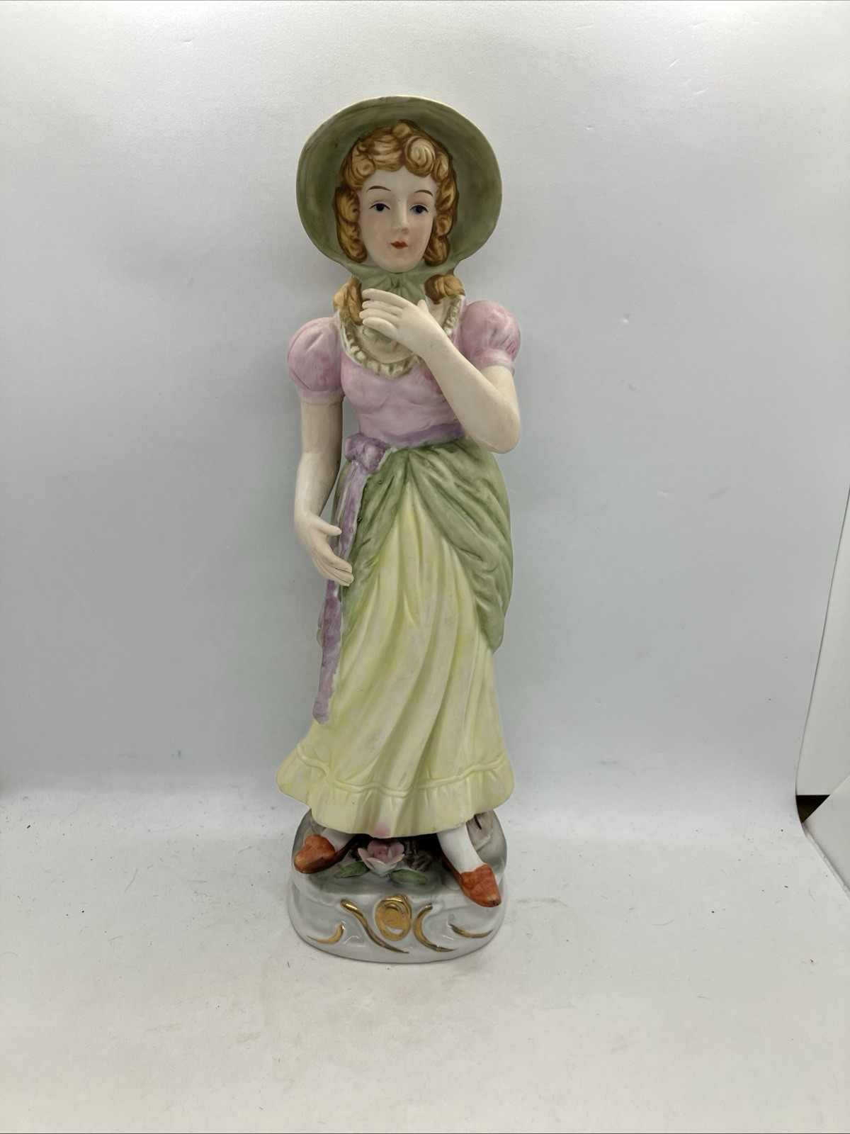 Beautiful Vintage Bisque Porcelain Hand Painted Victorian Lady 13” Tall