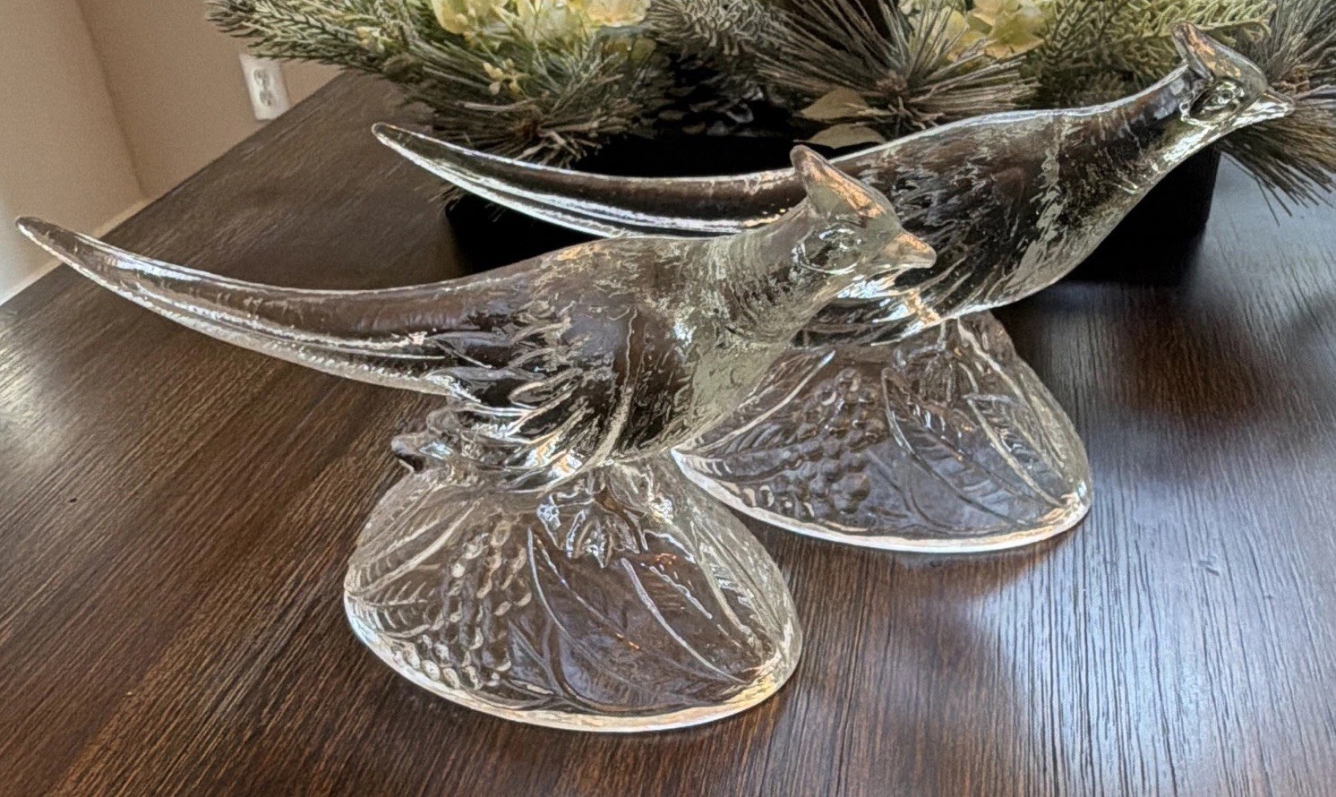 Vintage K.R. Haley Clear Glass Pheasant Figurines Pair 1940s Mid Century MCM