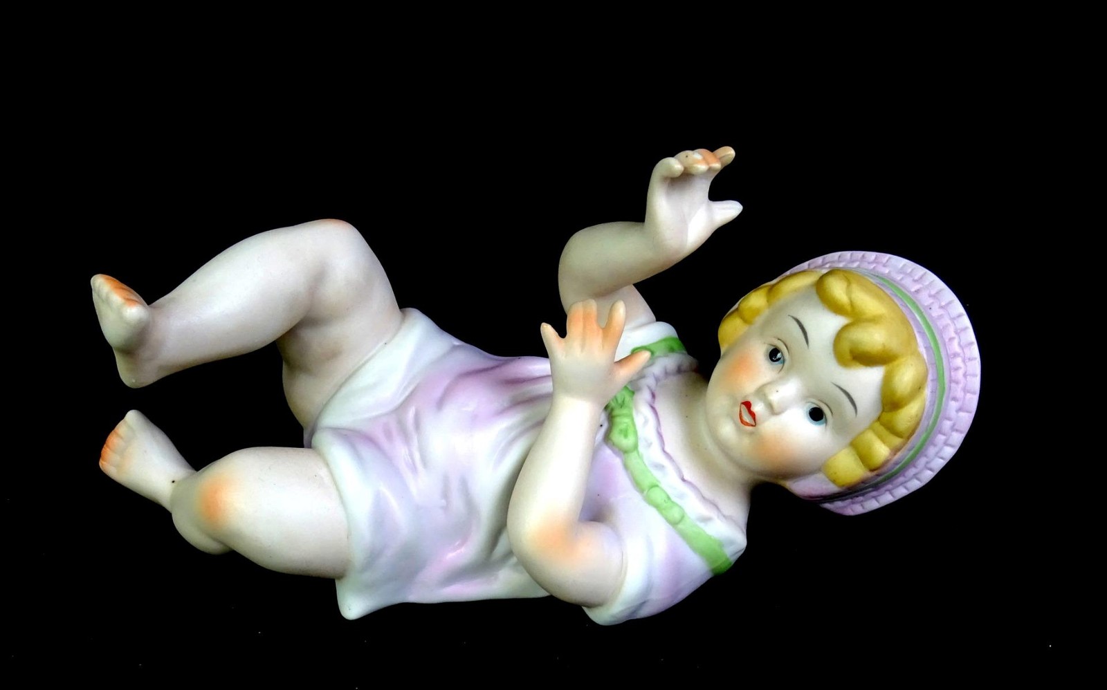 German Bisque Porcelain Laying Piano Baby Vintage 8 1/2″ Figurine 1940-1960