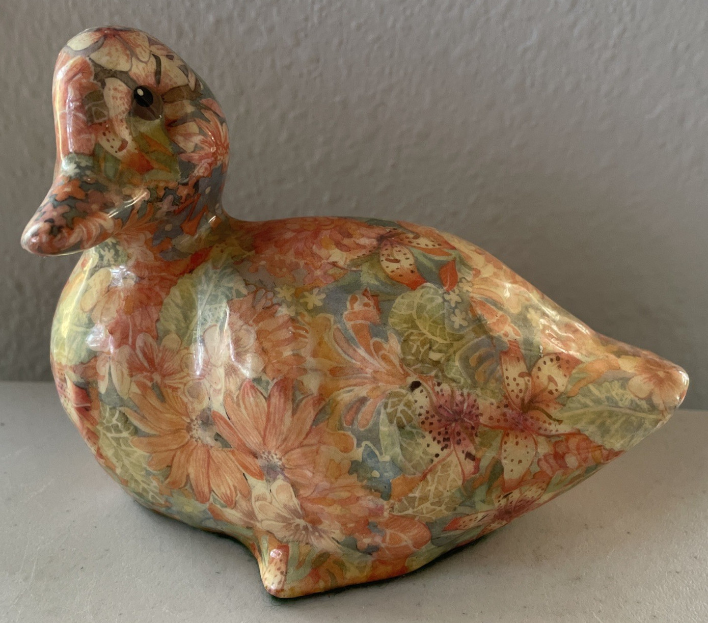 Vintage Pastel Floral Decoupage Porcelain Duck Figurine