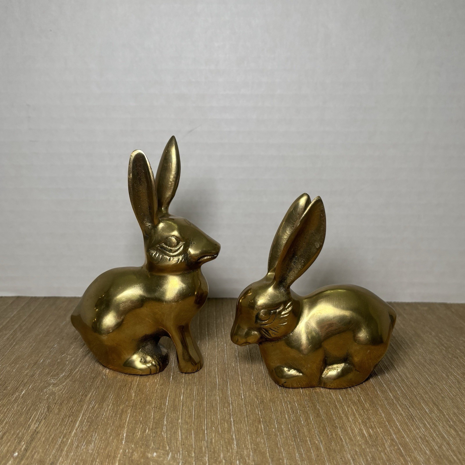 Vintage Solid Brass Bunny Rabbit Figurine Set (2) MCM Mid-Century Modern Decor