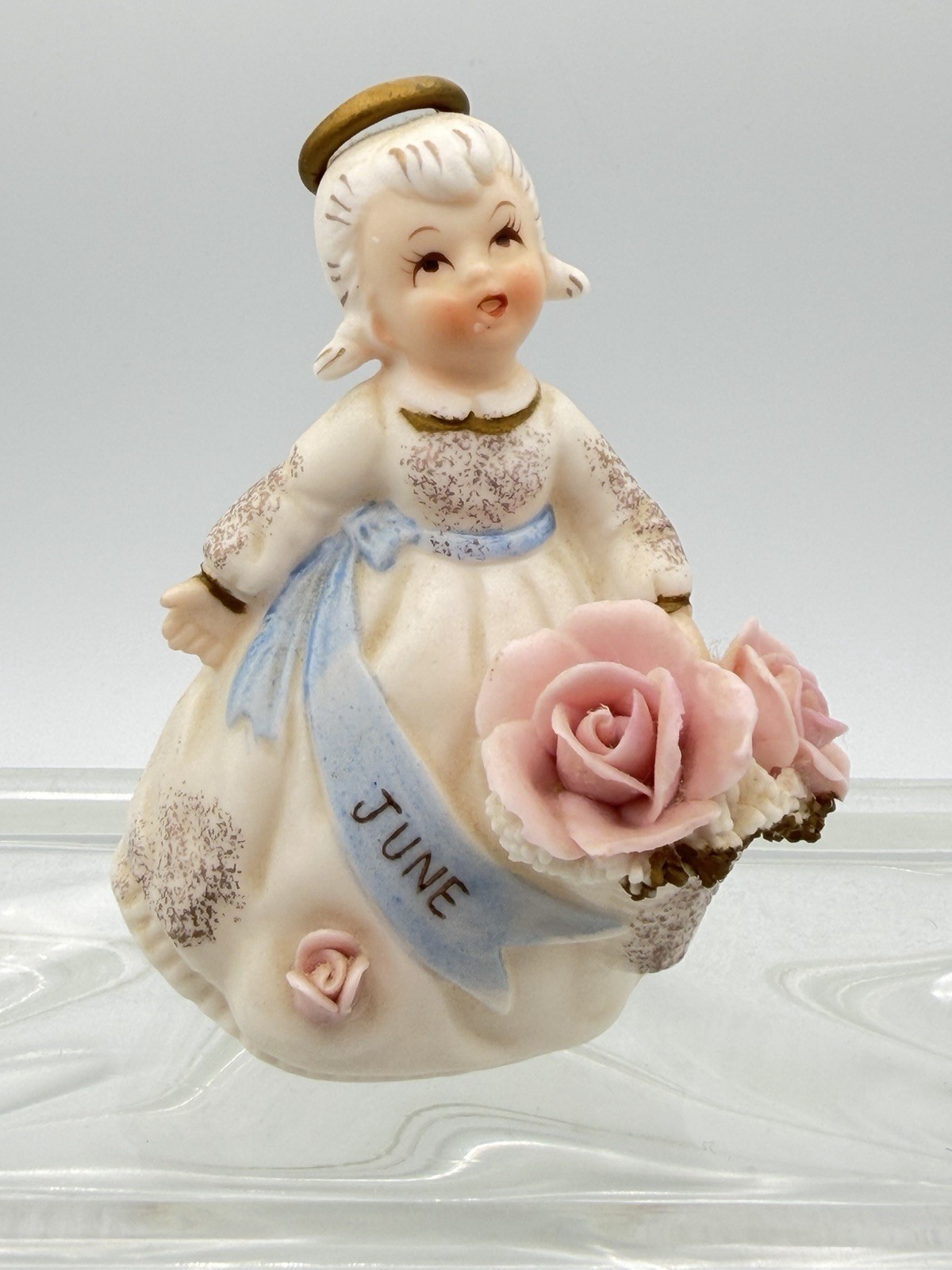 Vintage Lefton June Birthday Angel Figurine 3332 Japan Pink Roses 4”