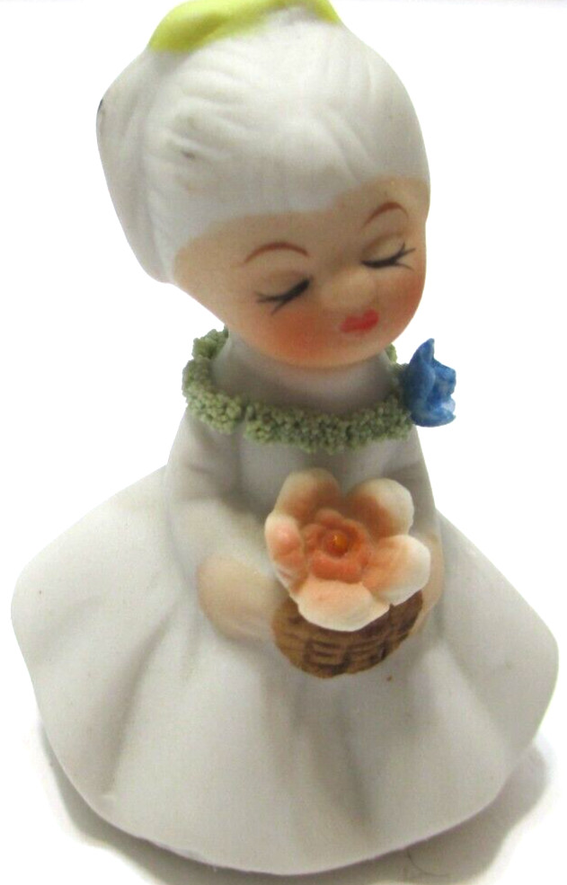 Vintage Enesco Girl Figurine Flower Basket Spaghetti Lei Necklace 2 1/8″ T #8