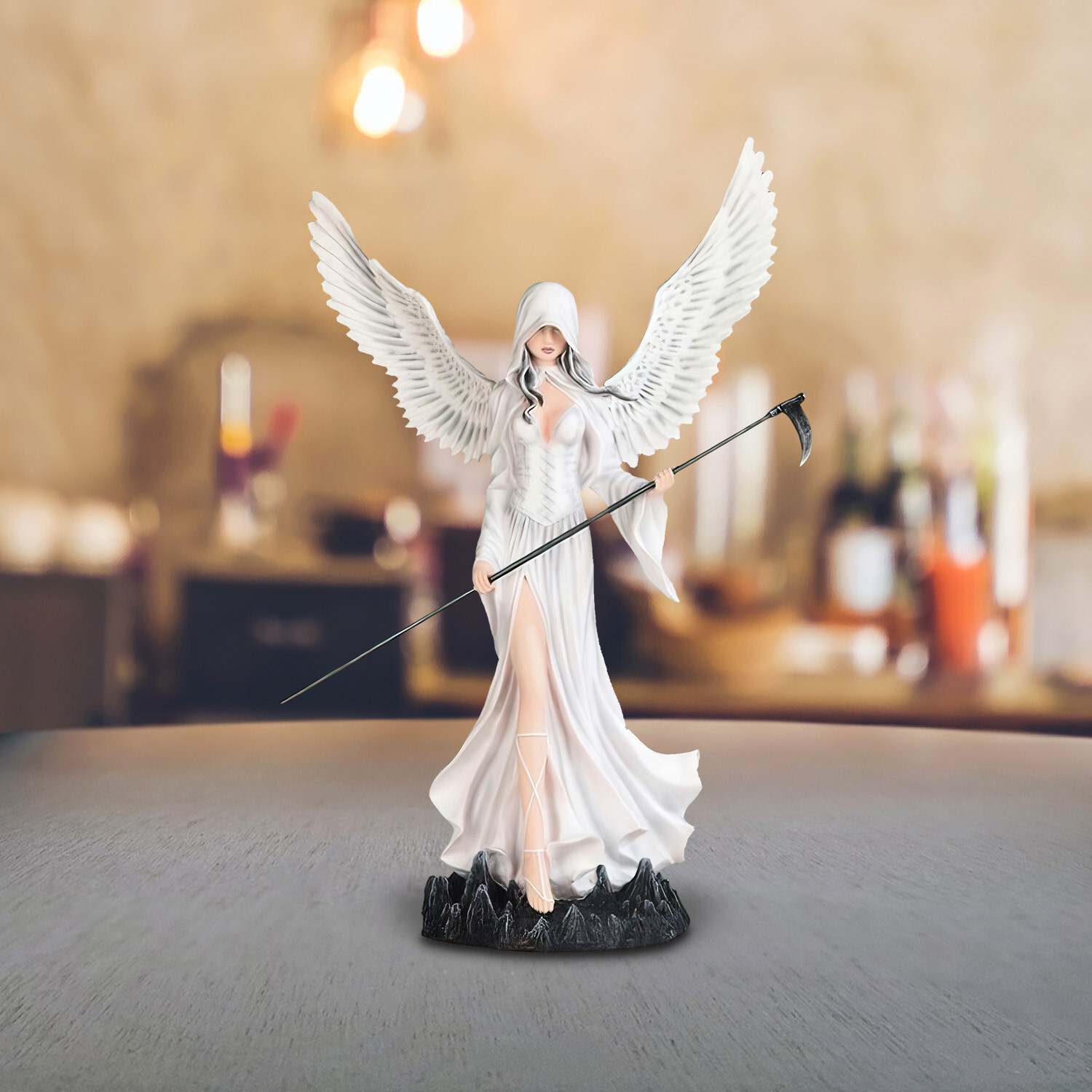 24″H Angel of Death in White Walking with Scythe Statue Figurine Room Decor