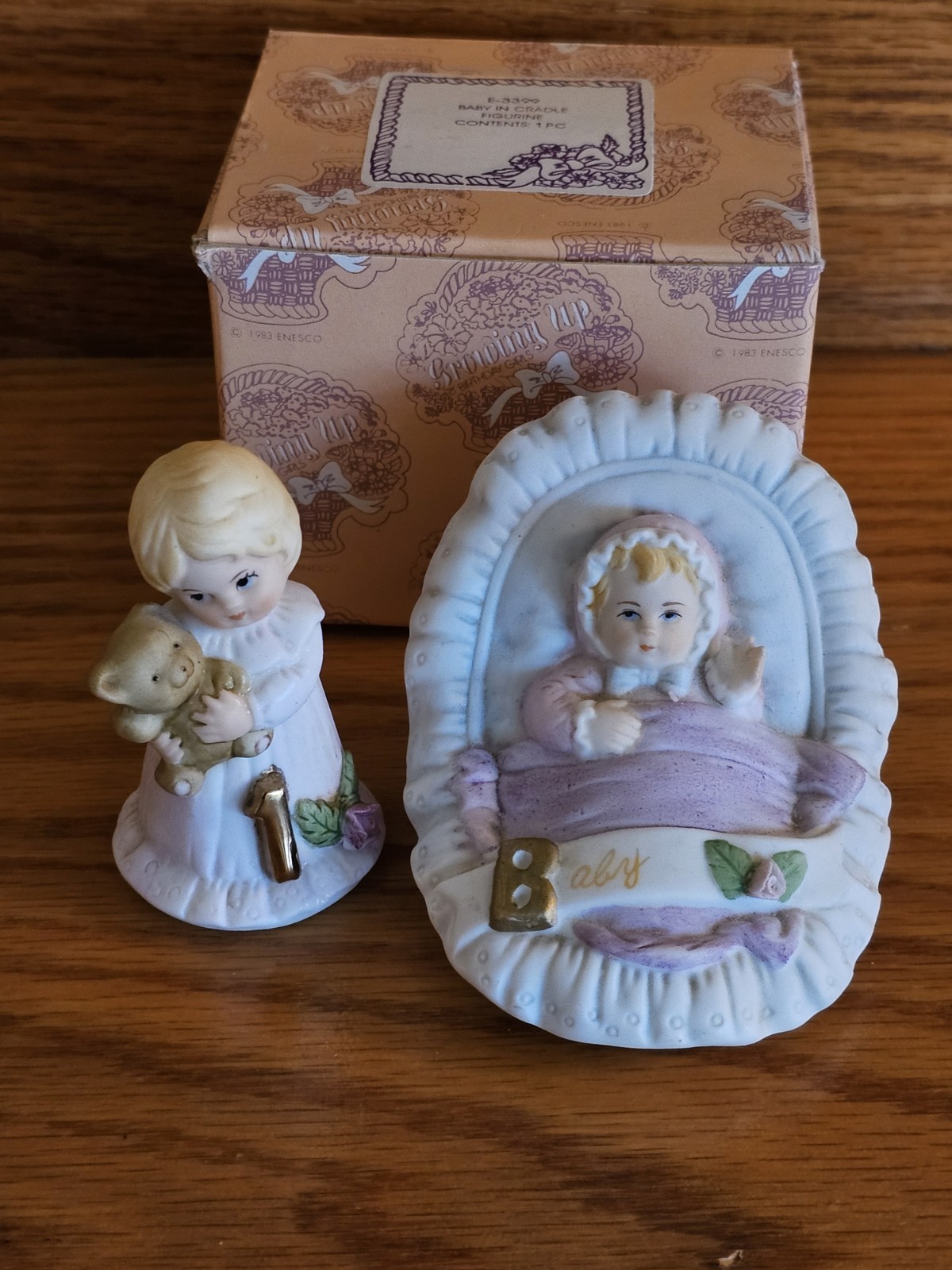 VTG 1983 ENESCO Imports Baby In Cradle Boxed Figurine & 1st Birthday W/O Box Set