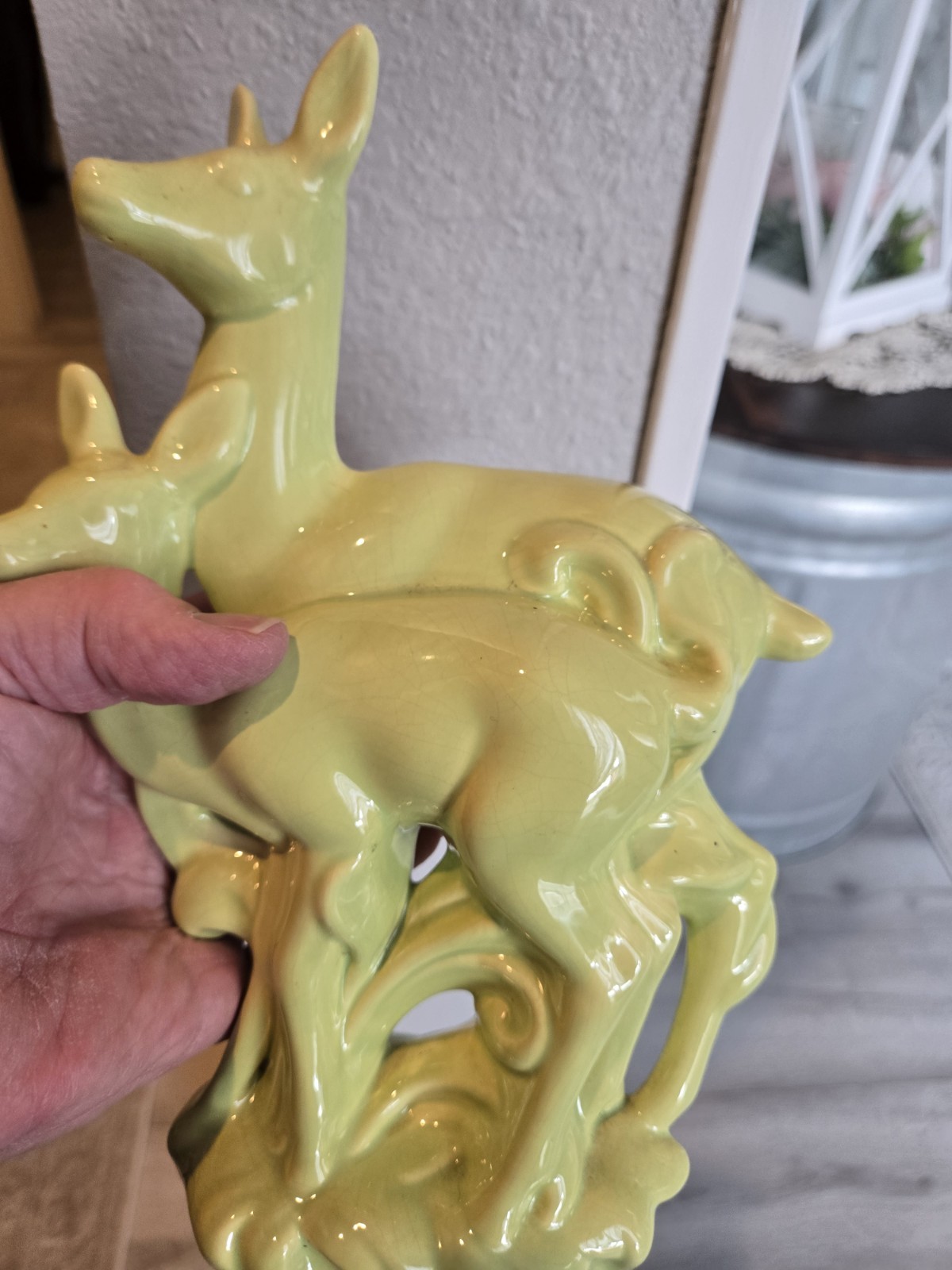 Mid-century Modern/ Art Deco Lime Green Deer And Fawn Ceramic Statue 10″ Tall