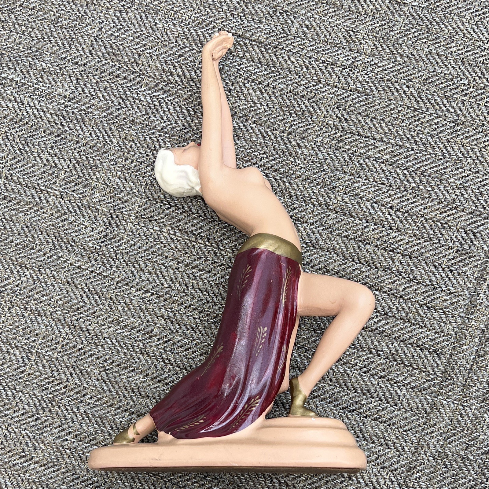 ABCO Vintage Ceramic Flapper Dancer Figurine Burgundy Skirt Gold Accents Painted
