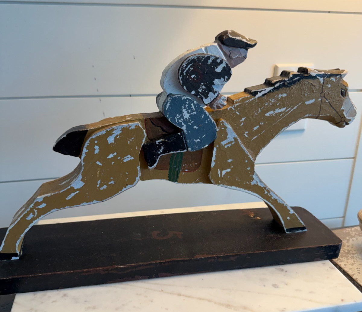 Vintage Hand Carved Painted Wooden Race Horse Folk Art Decor