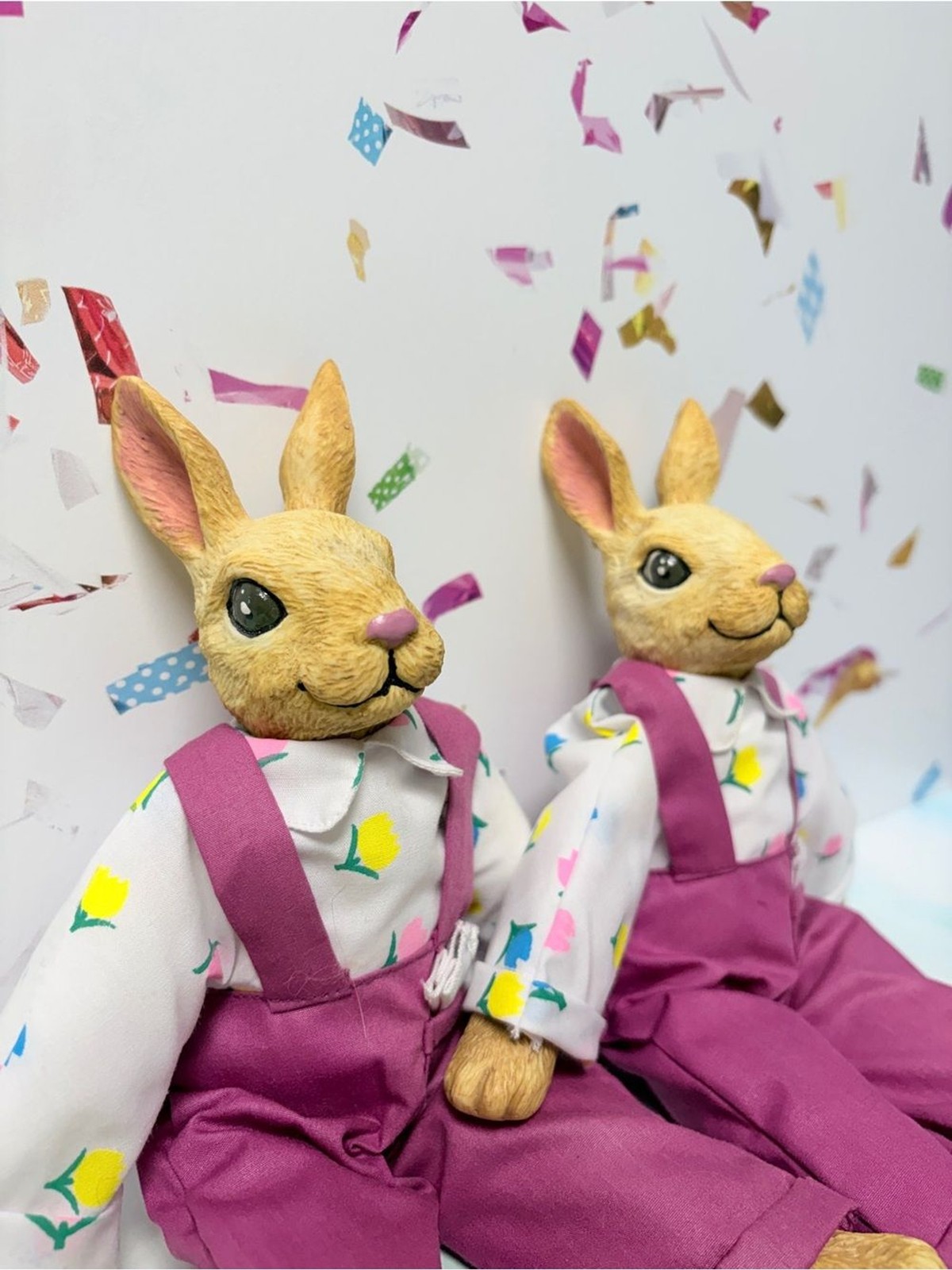 Pair Easter Bunny Rabbit Dolls Pink Overalls Floral Shirts Spring Decor