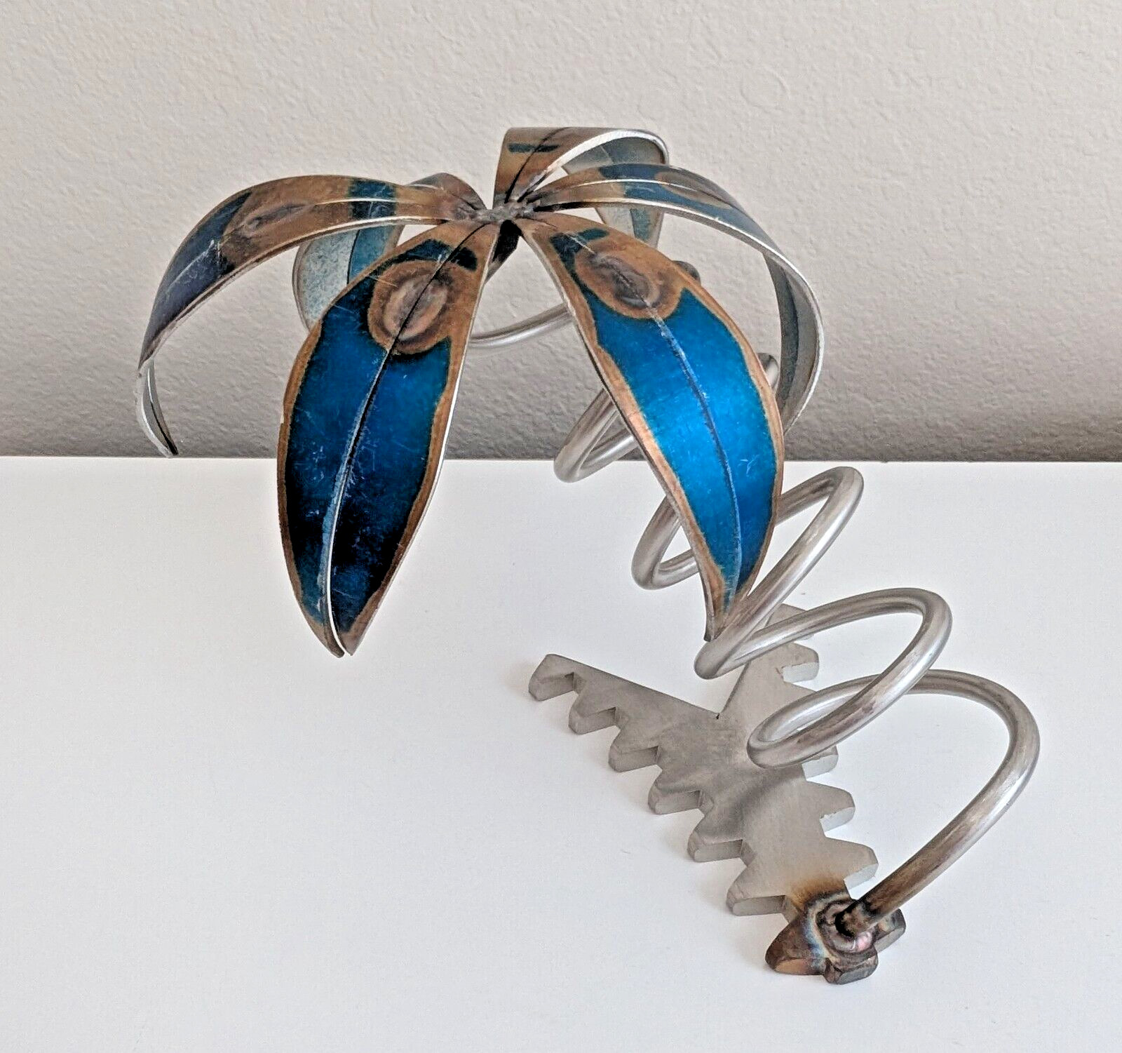 Brutalist flower sculpture recycled art blue silver tone metal tree unique