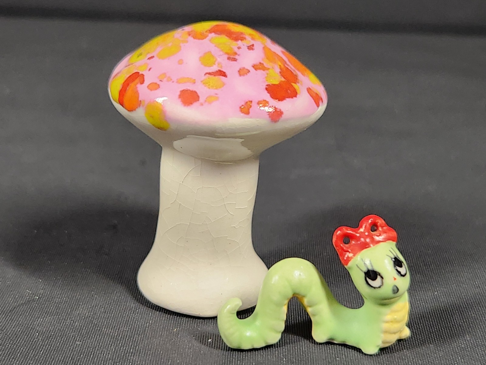 Vintage Josef Originals girl mother caterpillar inchworm and hobbyist mushroom