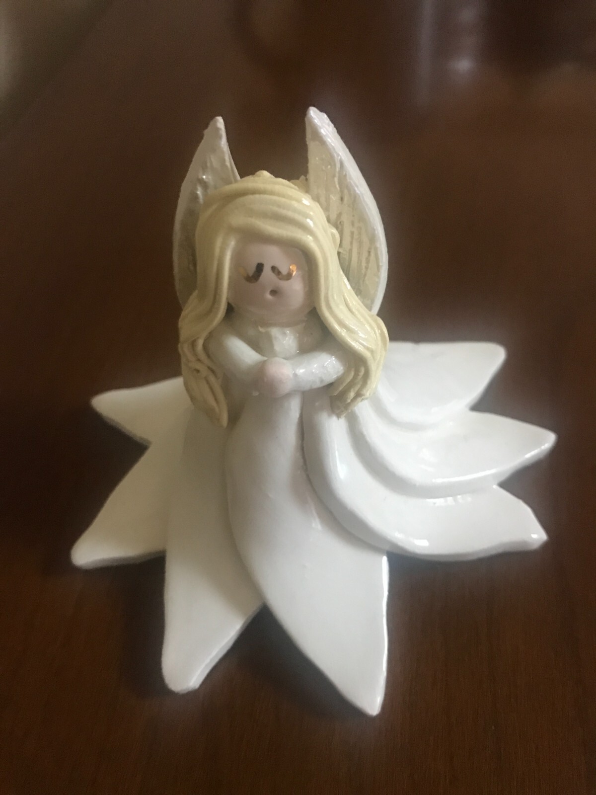 Vintage Hand Made Hand Painted Clay Angel Table Ornament, White, 3.0″