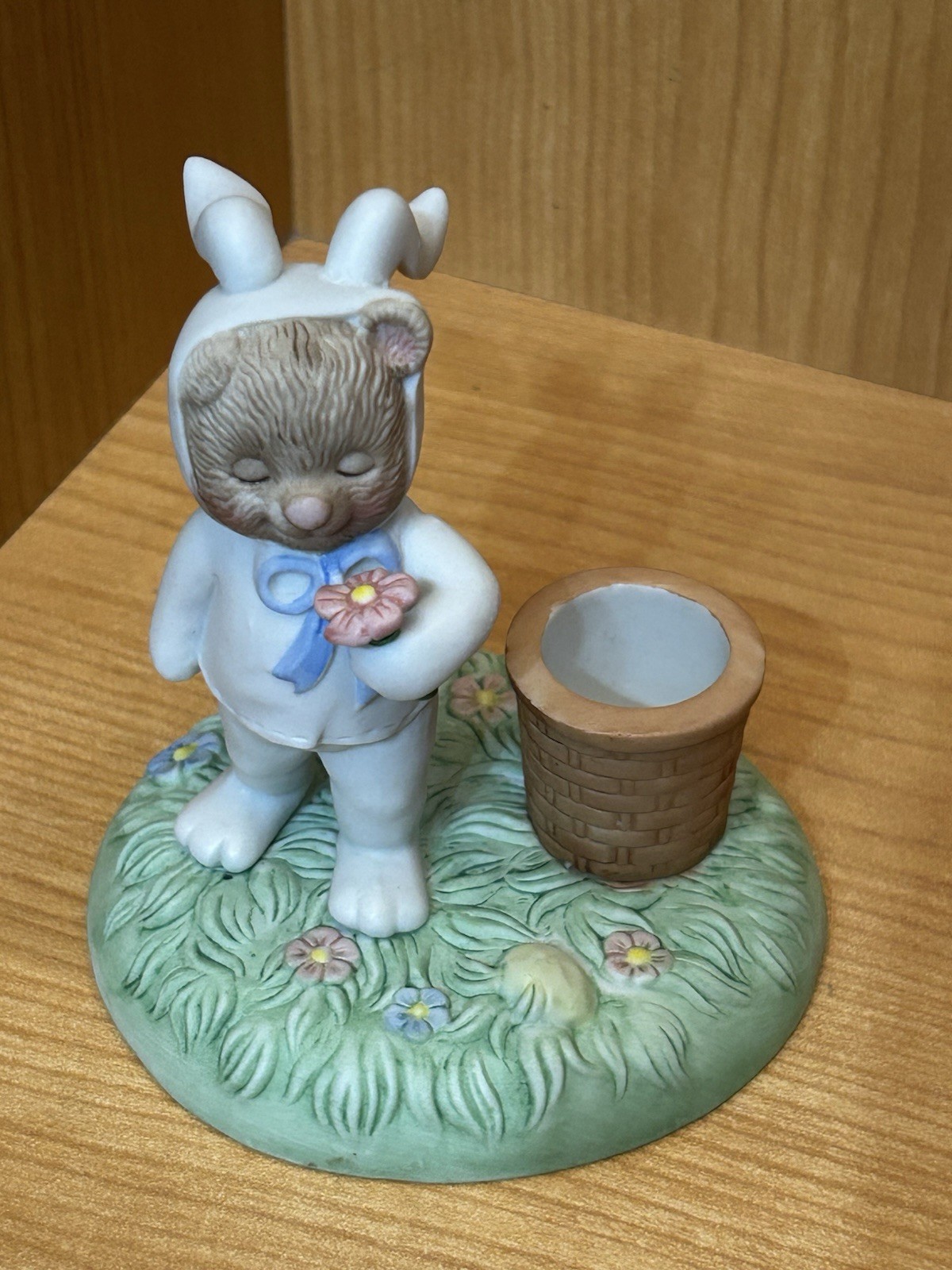 Porcelain Bear Dressed Like Bunny Figurine Holding Flower Korea