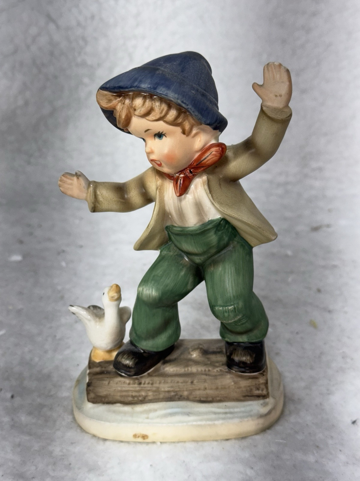 1950-1960 Gift Craft Porcelain Figurine Young Boy Riding On Log with Duck