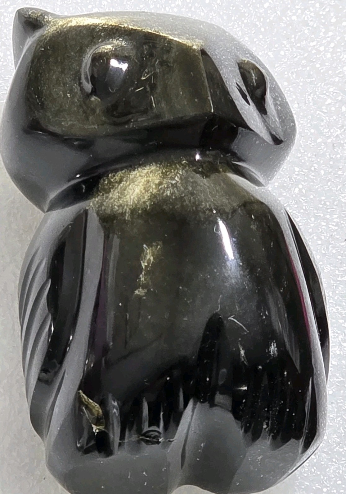 Vintage Obsidian Carved Owl Bird Figurine Black Gold 3 ” High x2″ Wide R-E-A-D