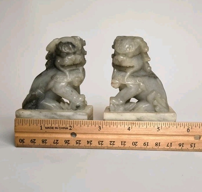 Chinese Pair Of Gray Marble Carved Soapstone Foo Dogs Guardian Lion Bookends 4″