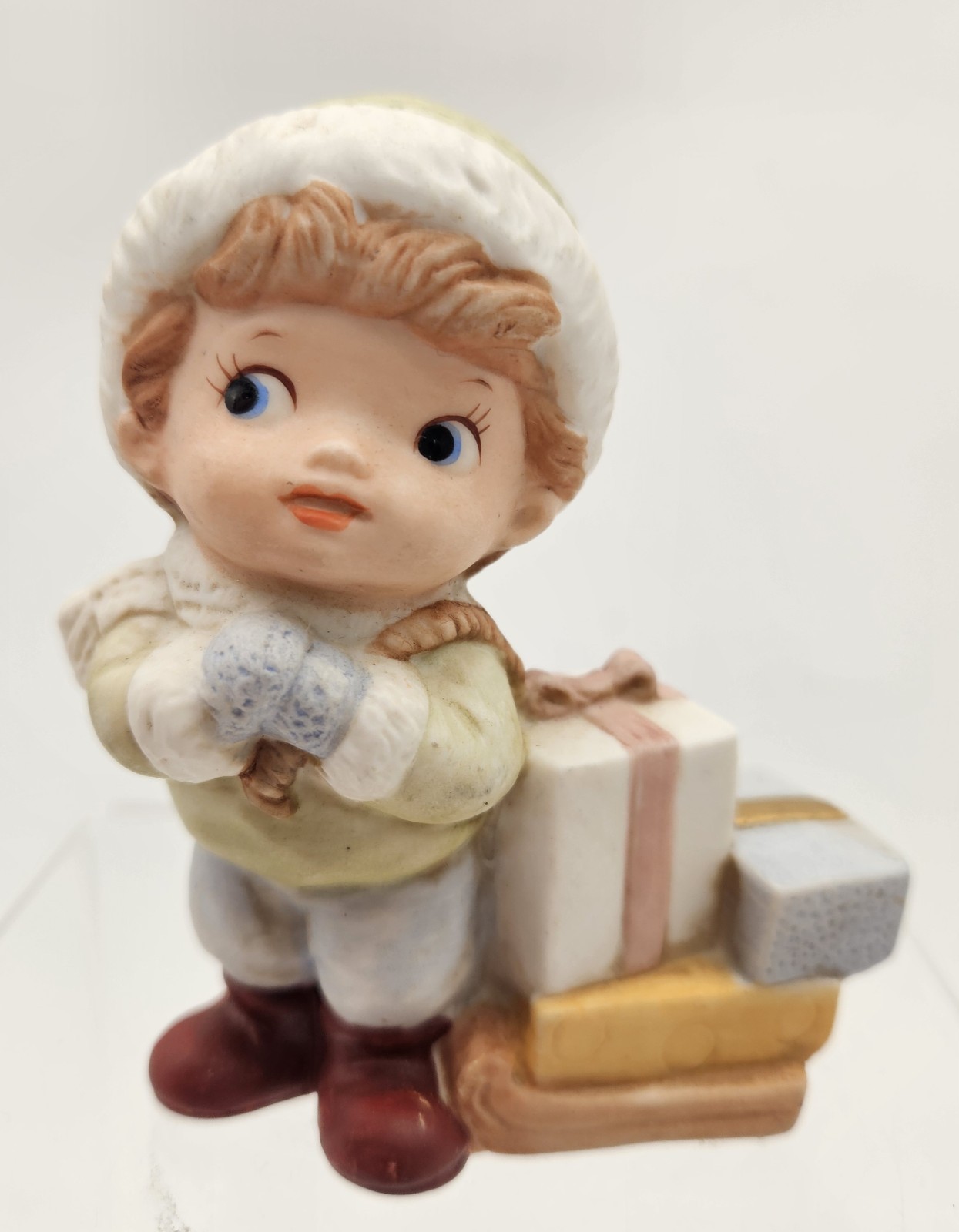 Vintage Homco Porcelain Hand Painted Figurine Boy with Sled Presents #5556