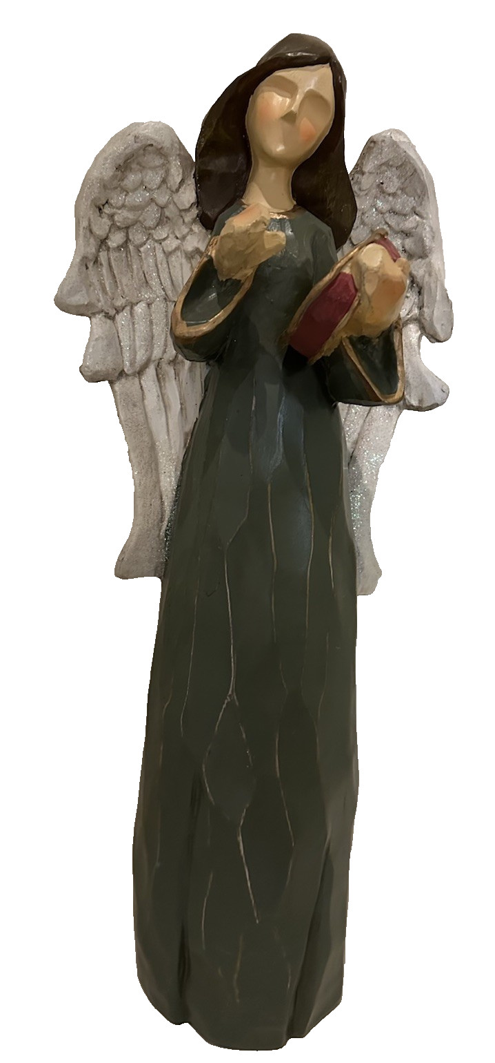 Angel Playing Drum Green Dress Wood Carved Look Jim Shore-Style Christmas 20.5″