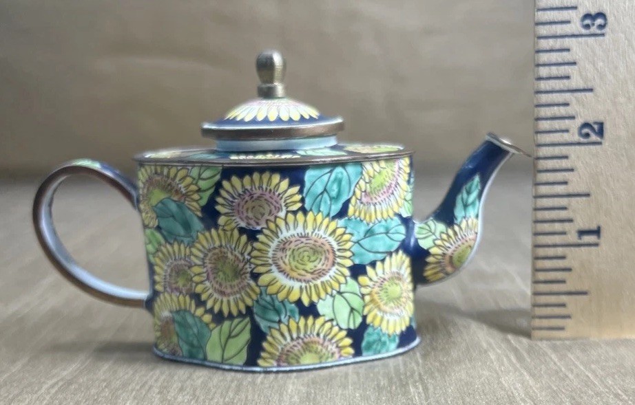 Vintage Kelvin Chen Handpainted Copper Enamel Teapot Van Gogh Sunflower Design