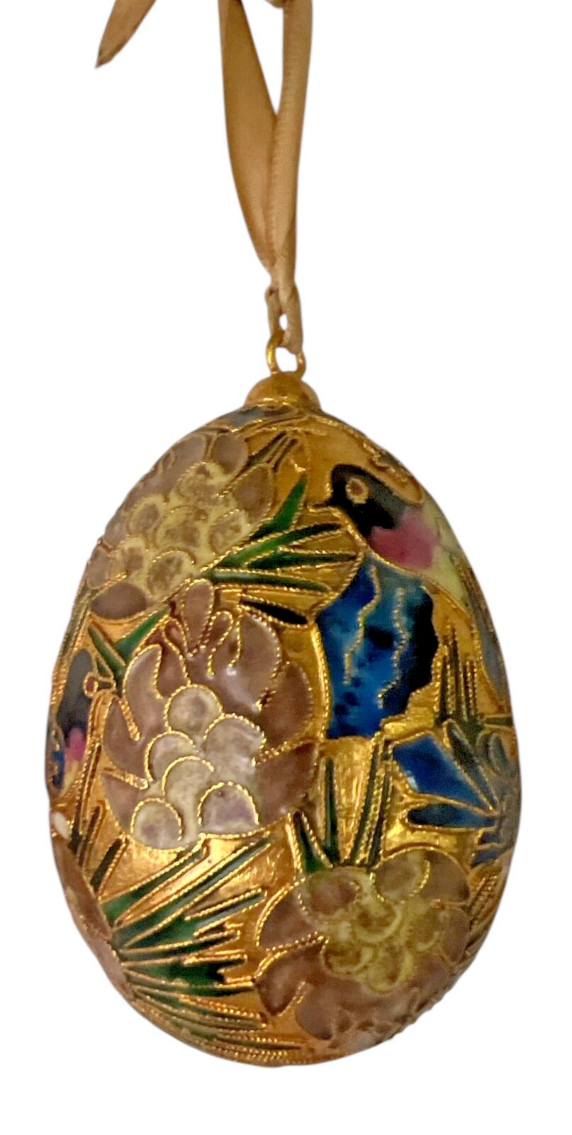 2 Chinese Cloisonne Egg Ornaments Enameled Flowers / Birds / Bees Vintage