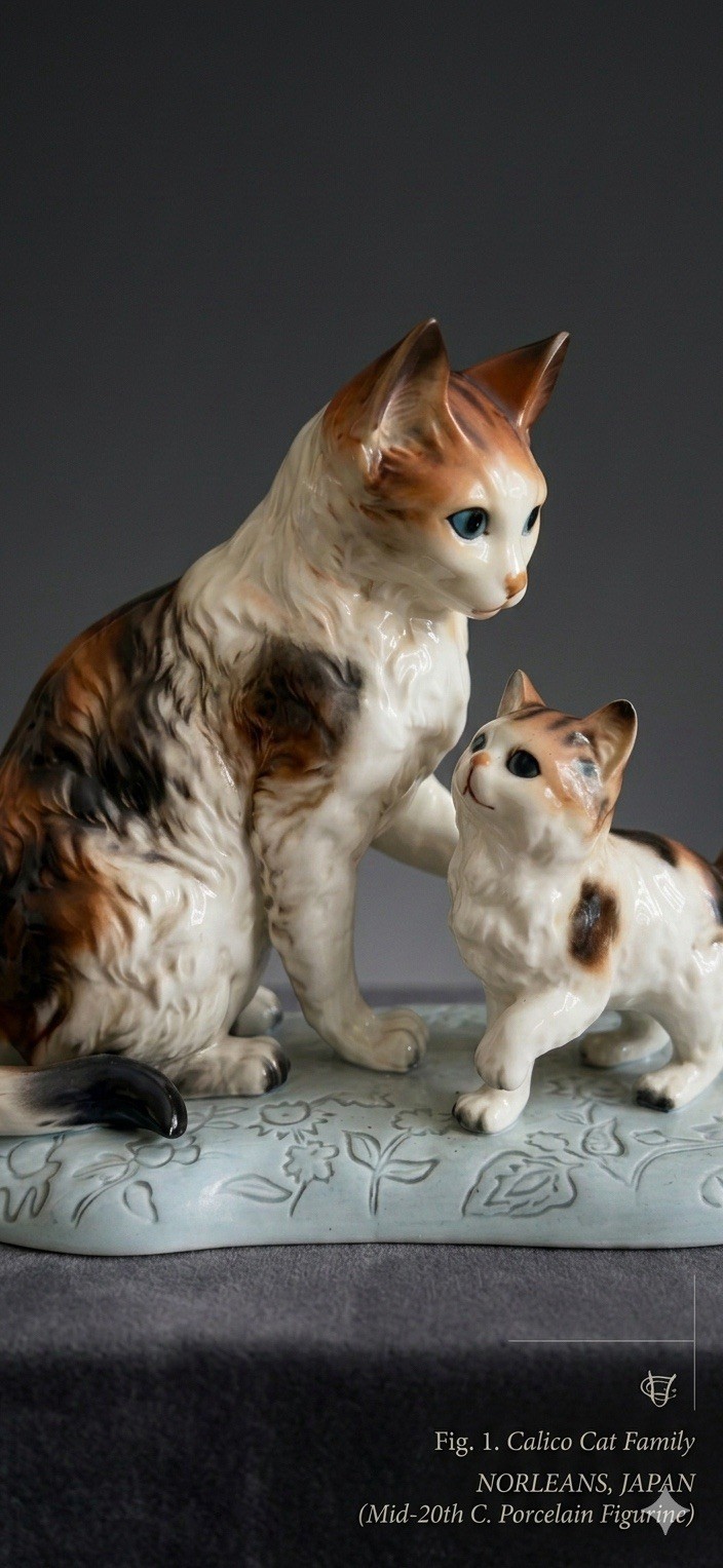 RARE Vintage NORLEANS Japan Porcelain Cats Figurines ~ 9”x 7,5”x 4”