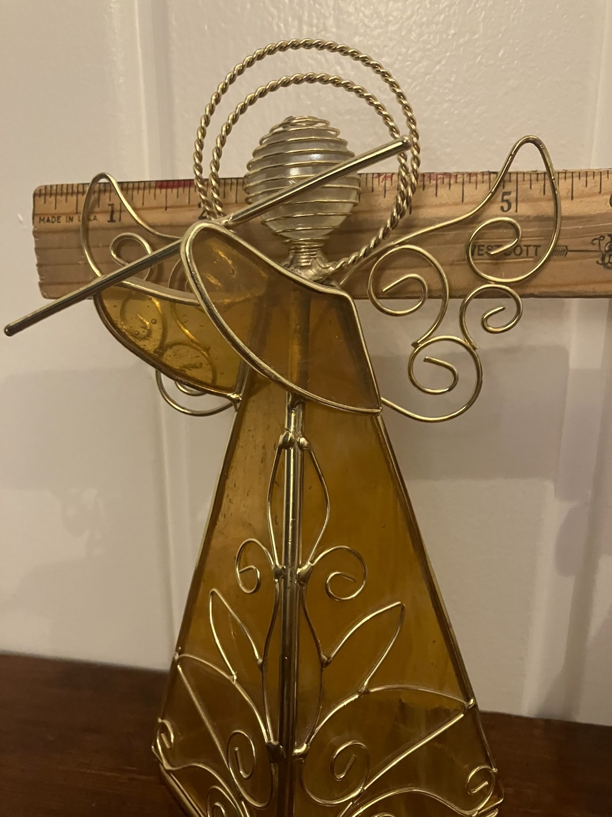 Yellow Gold Vintage Stained Glass Flute Playing Angel 8″ tall X5 1/2″ in length