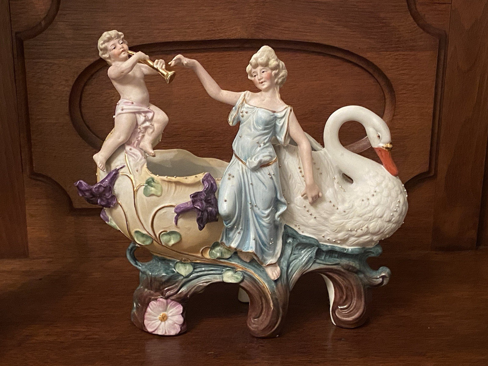 2 German Vintage Bisque Cherub Swan Lady Porcelain Planters 2373 Antique