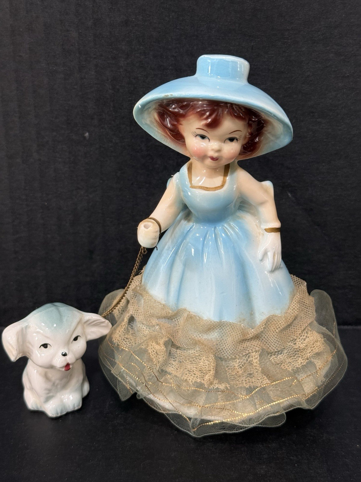 Vtg Ceramic Figurine – Japan – Girl In Aqua Blue Dress & Bonnet Small Dog