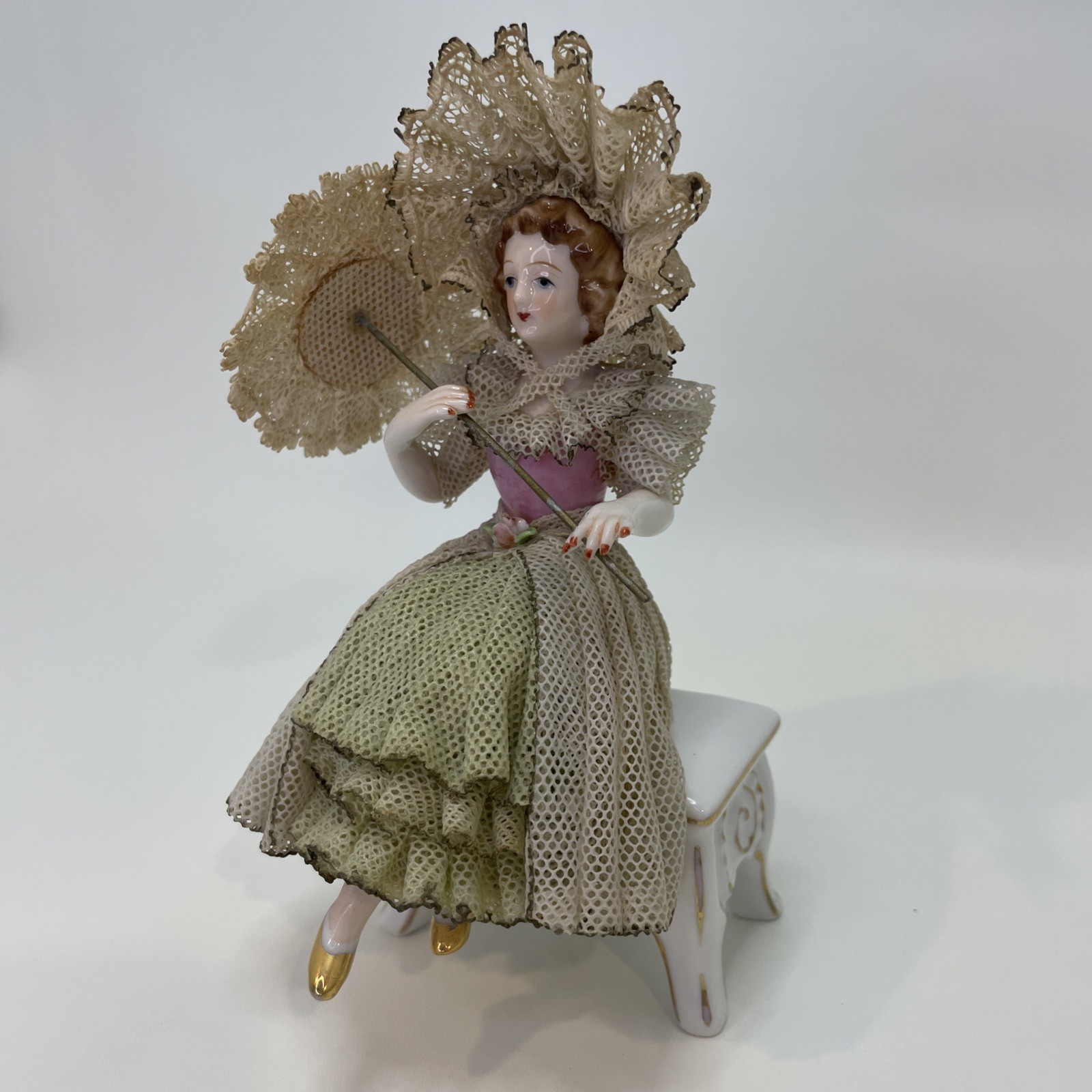 Vintage Porcelain Figurine Lady Fabric Lace Dress Umbrella Parasol Bench Sitter