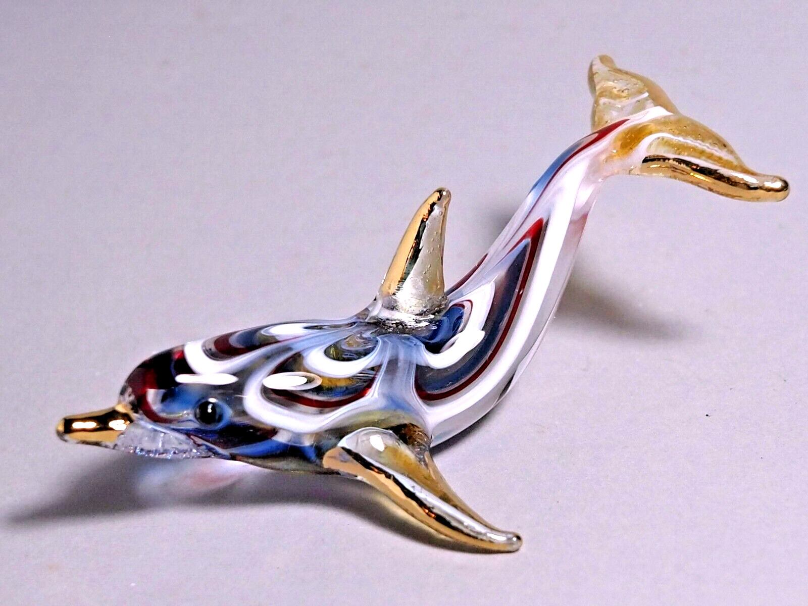 Dolphin figurine hand blown art glass Blue Maroon gold trim 2.75″ Gift aquarium