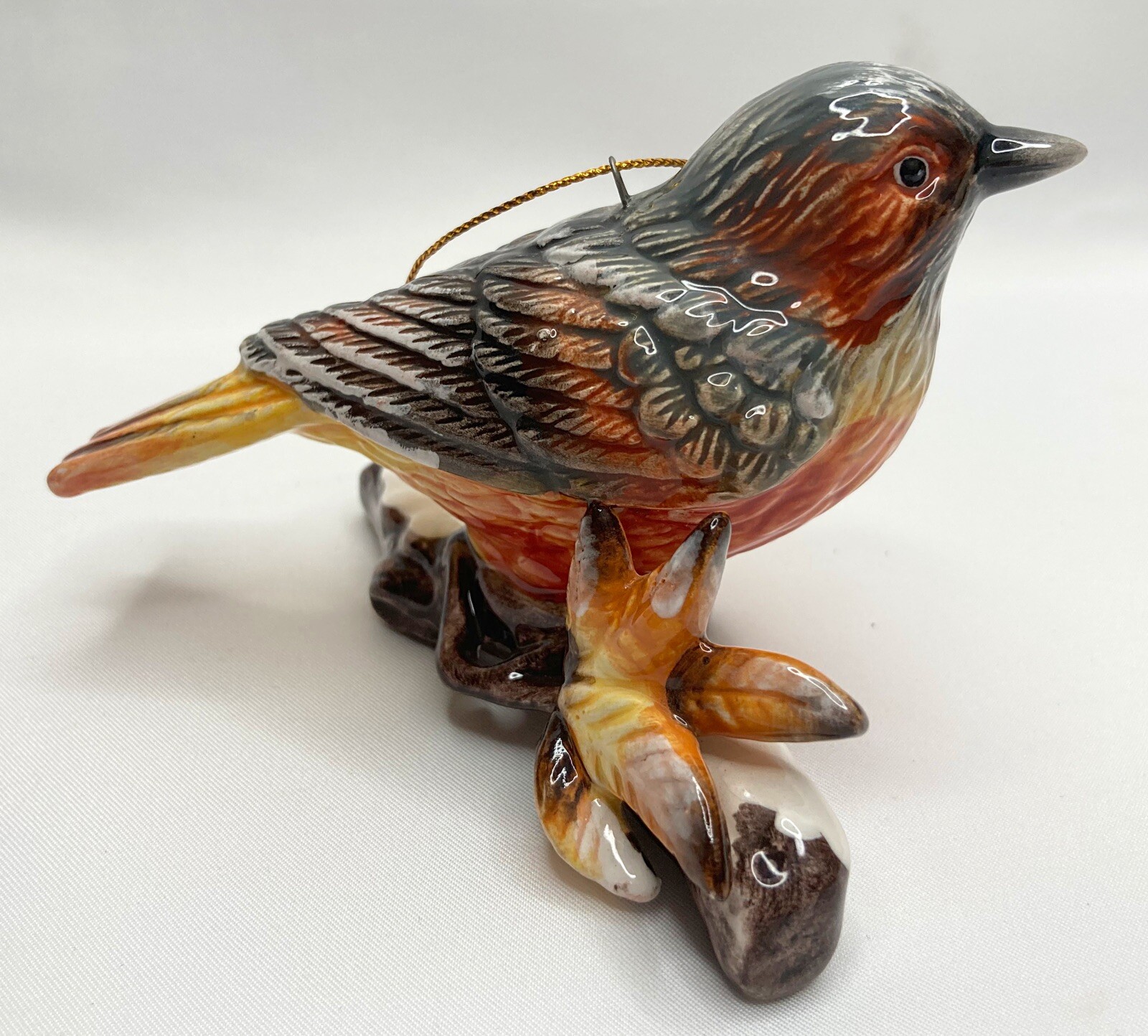 Orange Brown Grey Yellow Ceramic Hanging Ornament Bird On Snowy Branch Figurine