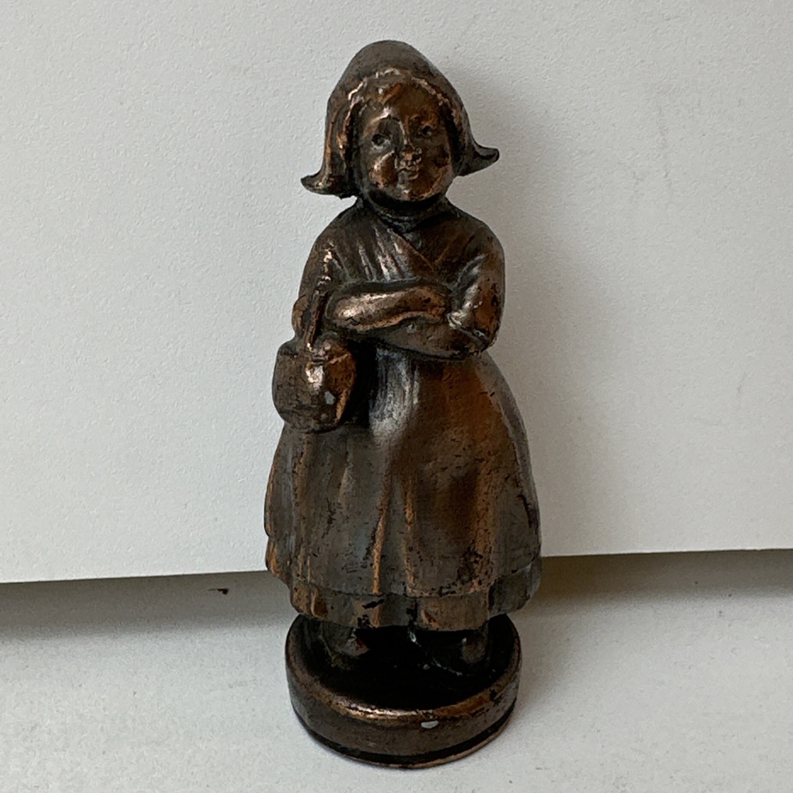 Vintage Bronze or Brass Metal Dutch Girl Statue Statuette Figurine 4”