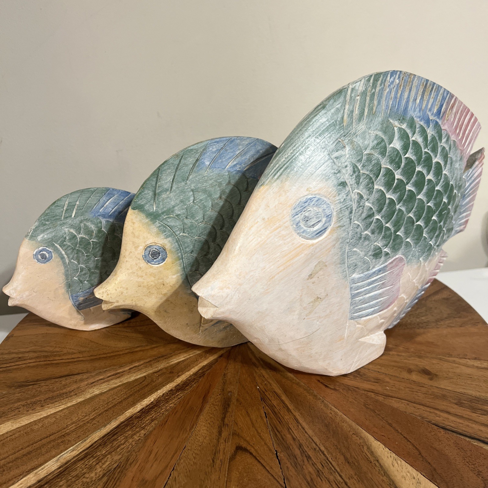 Hand Carved Wooden Tropical Fish Sculpture Coastal Decor Set Of 3 Beachhouse