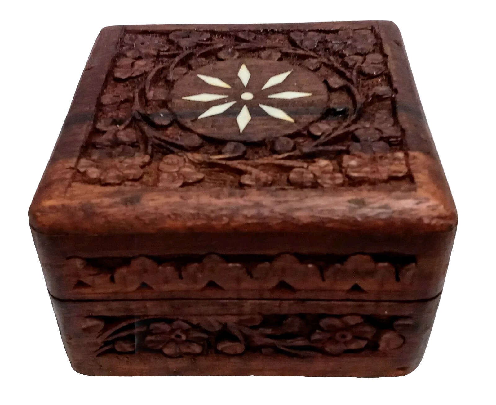 Carved Hinged Dark Wood Box Inlaid Top Design 4″ x 4″ x 2.5″ Jewelery/ Cards
