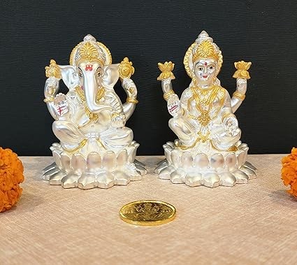 Svashva Silver Matte Lakshmi Ganesh Idol with Gold Coin, 4.1 Inch