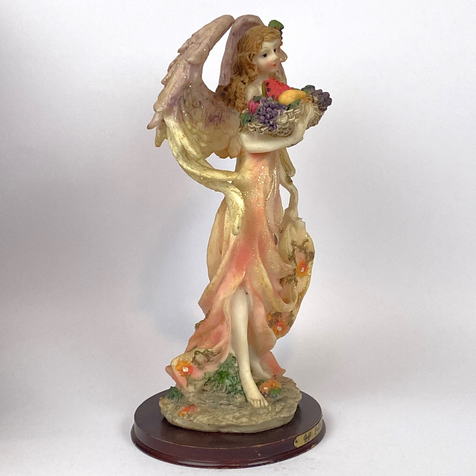 Resin Angel Holding Fruit Basket Sparkling Glitter Wings Pink Dress 11-Inches