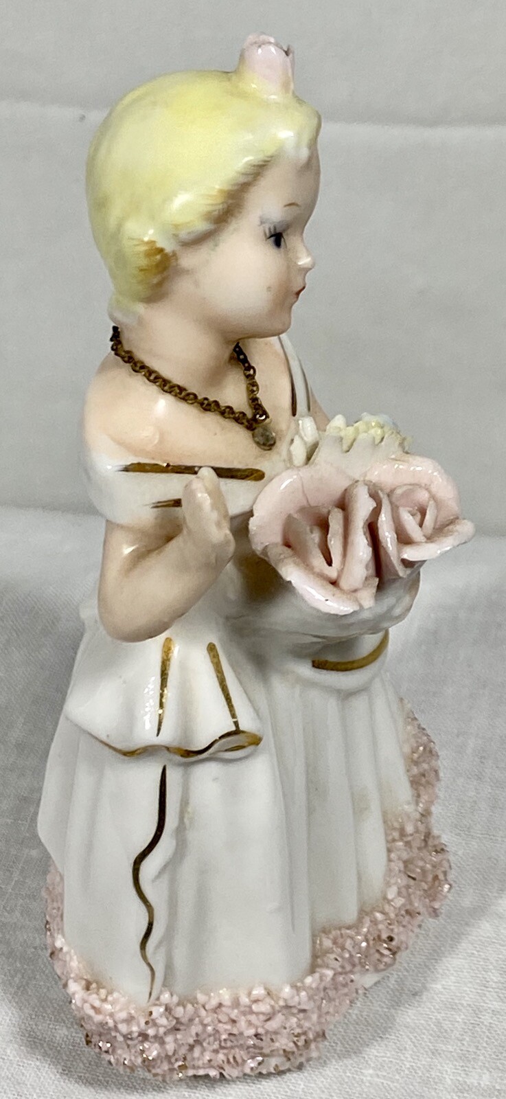 Vtg Napco Japan Flower Girl Figurine w Spaghetti Trim 5 1/2″ tall Excellent