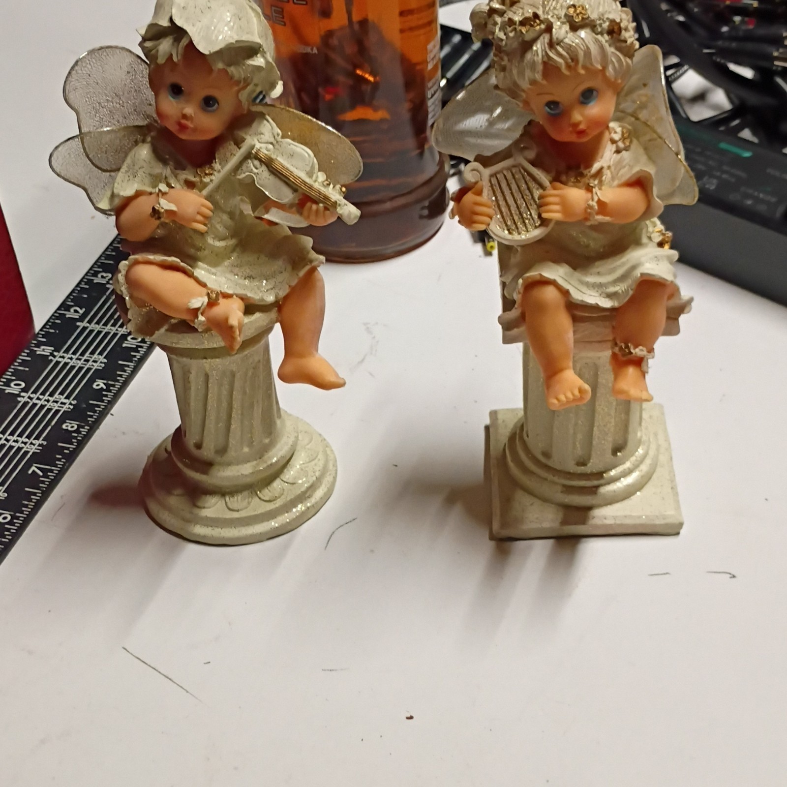 Angel Musician Figurines Beige Gold White Resin Fabric Hand Painted Set of 2