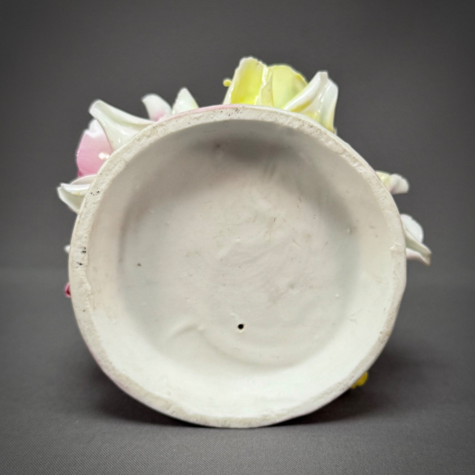 Antique German Bisque Porcelain Figure Girl Pink Dress & Hat Green Bow w Flowers