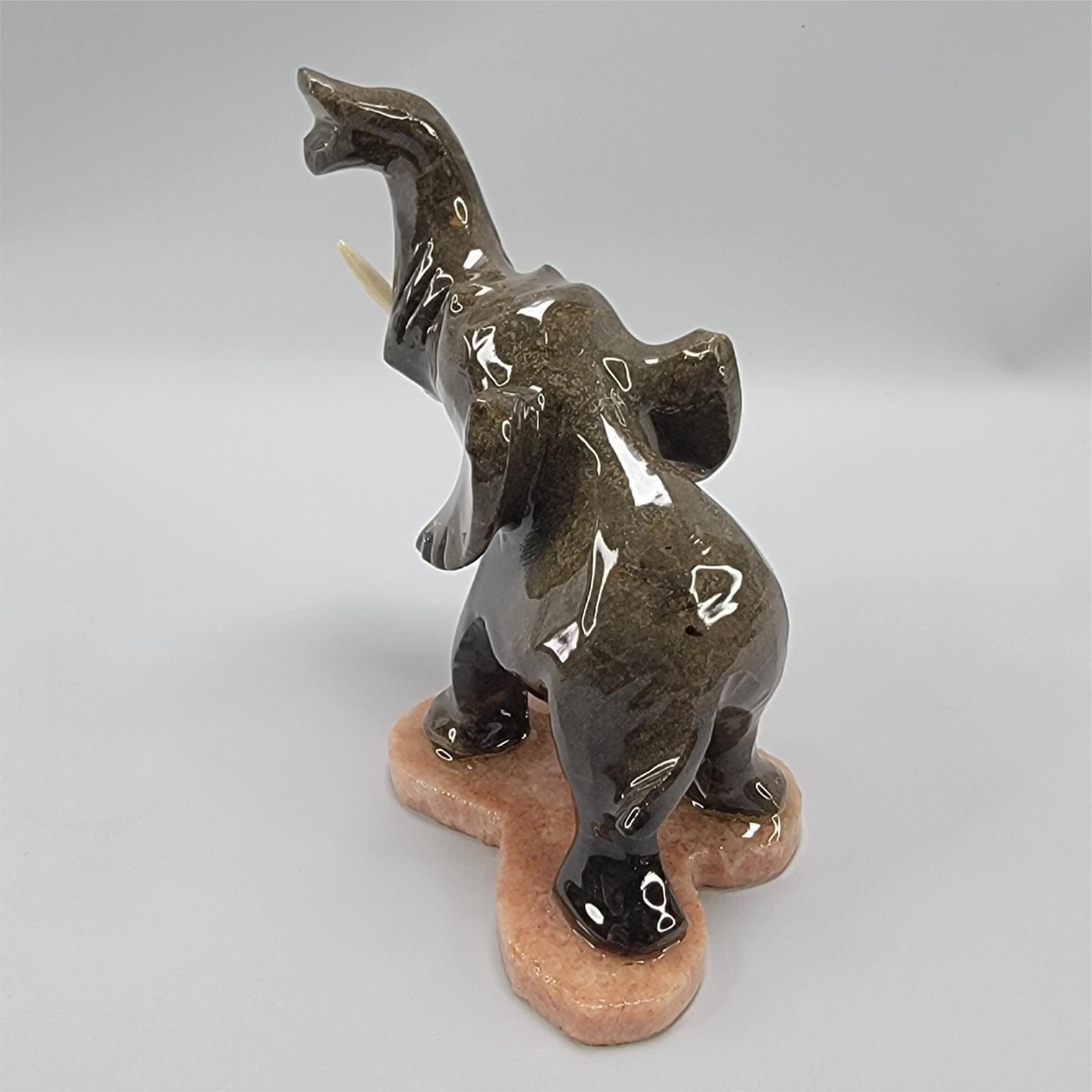 Ceramic Elephant Figurine Trunk Up 3″ Brown-Green High Gloss Small RT Ear Chip