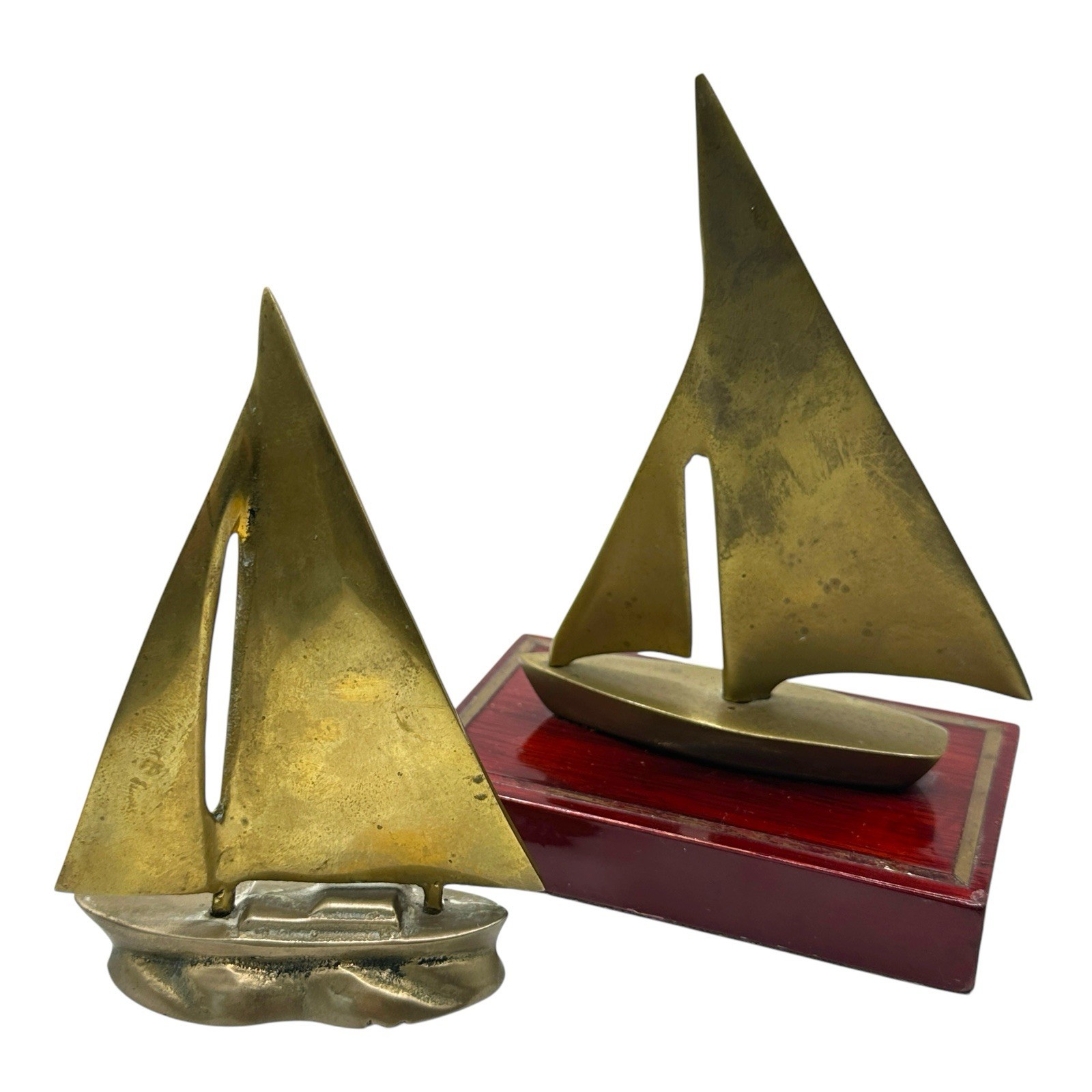 Vintage Solid Brass Sailboat Sculptures Set Of 2 Figurines MCM Paperweights