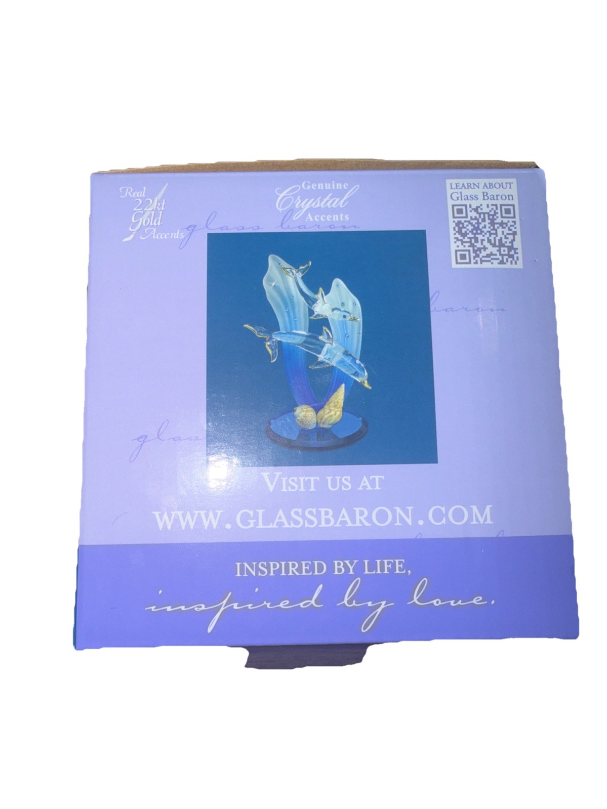 New In Box Glass Baron Double Dolphins Figurine S5 T66-2D 22Kt Gold Crystal